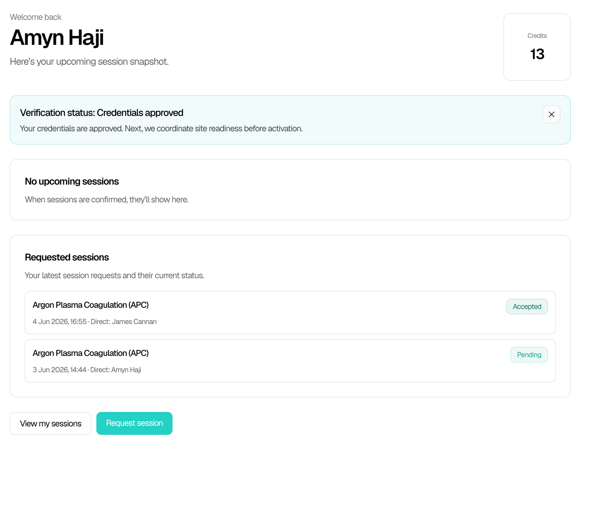 Trainee dashboard with credits, verification status, and session requests
